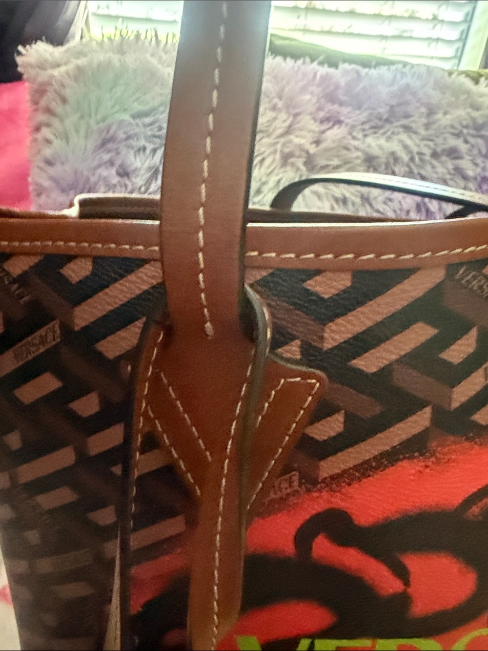 Versace Brown Tote with Neon Red Logo and Lime Accents - Picture 5 of 14